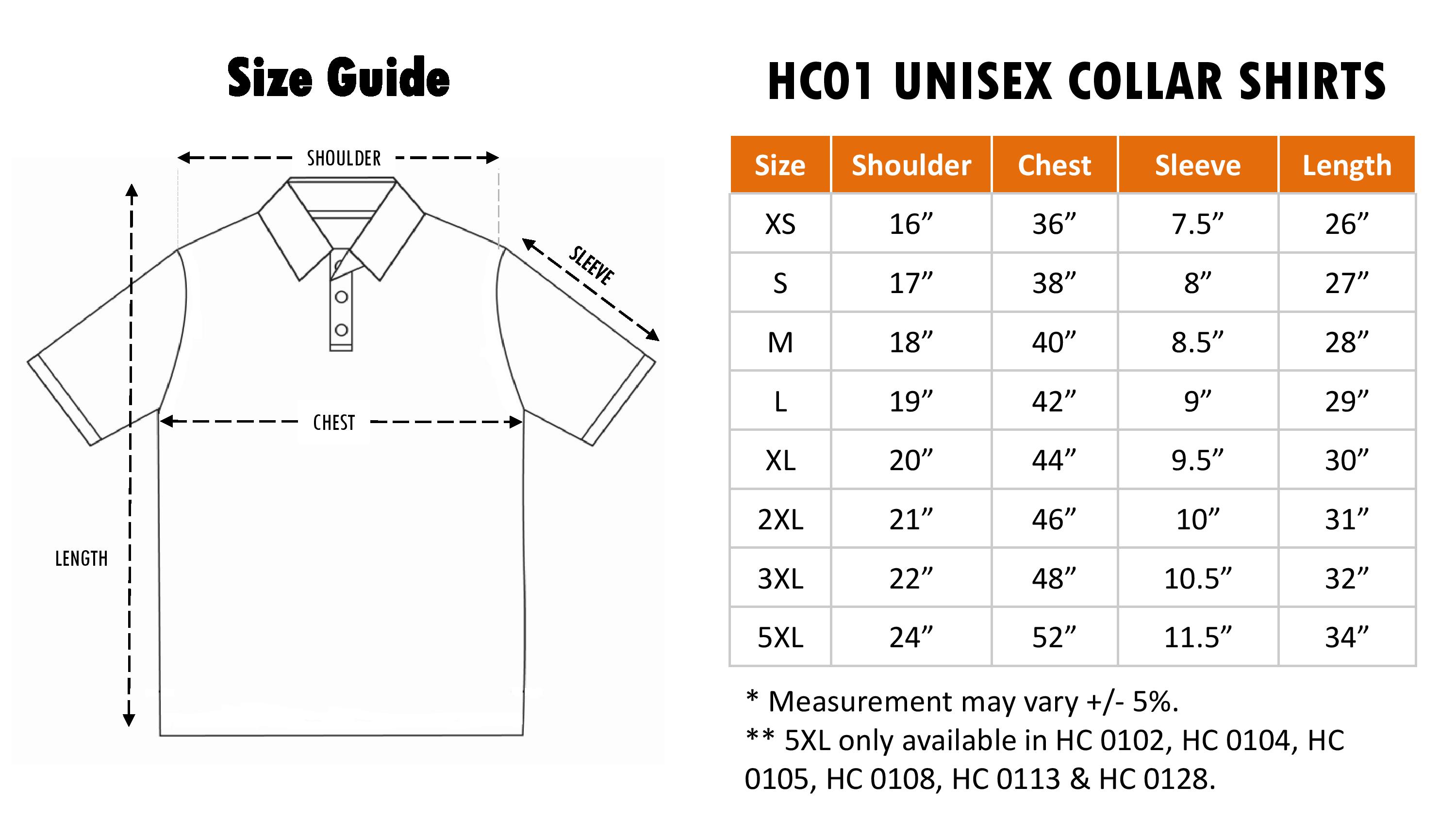 HC01 Cotton Polo Size Chart
